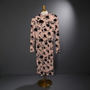 CBR SHEER DRESS SIZE  M JUNIOR PINK W BLACK FLORAL MIDI HIGH SLITS BAND COLLAR